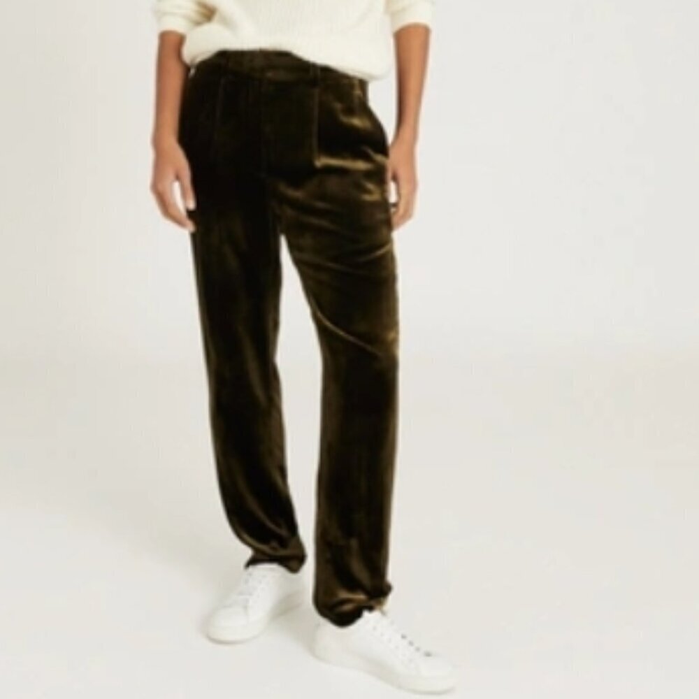 REISS Amina Velvet Pleat Front Trousers – Olive, Size 2 NWT